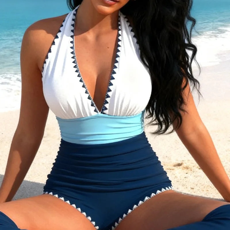 Vintage White Patchwork Swimwear Women V Neck Pleate Tummy Control One Piece Swimsuit 2026 Beach Holiday Bathing Suit Monokini