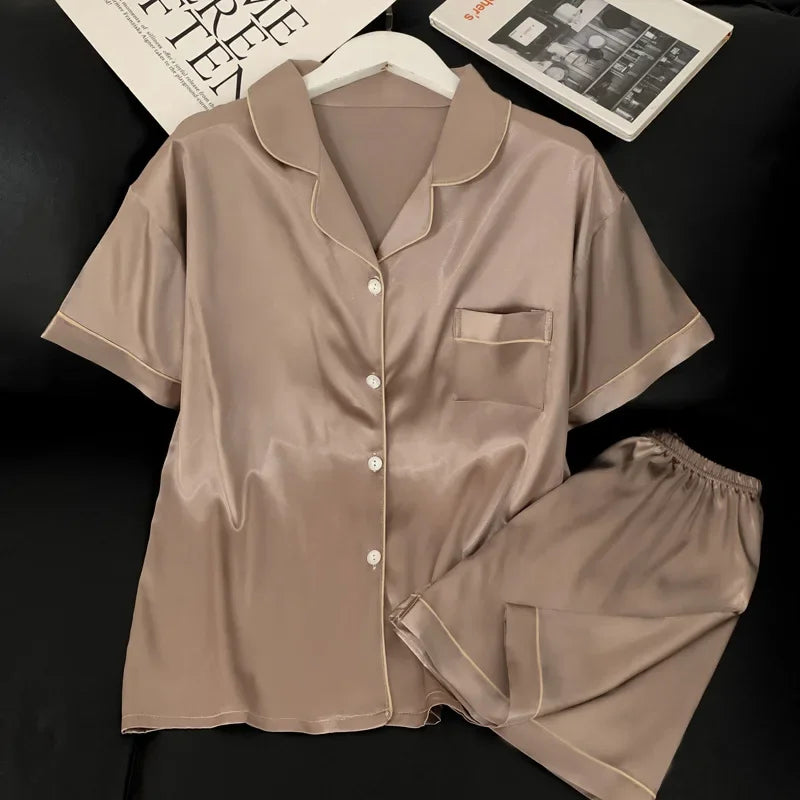 Sweet Simple Ice Silk Pajamas for Women  Thin Short-sleeved Home Clothes Suit Nightwear Women's Pajamas Set Nightie Summer
