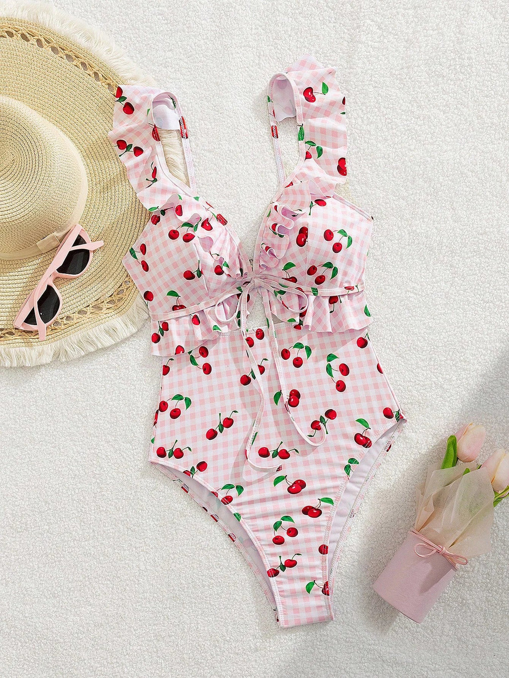 Vintage Pink Starberry Print One Piece Swimsuit 2026 Women Ruffles Bandage Cross High Waist Bikini Beach Bathing Suit Swimwear