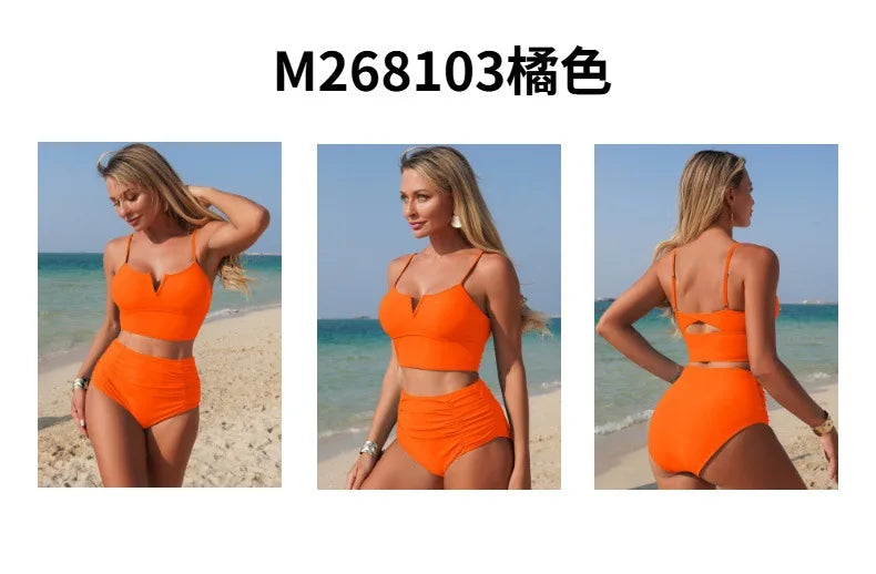 2026 New Black Women's Bikini Sexy Blue Two-Piece Swimwear High Elasticity Quick Dry Nylon Fabric with Chest Pad Orange Swimsuit