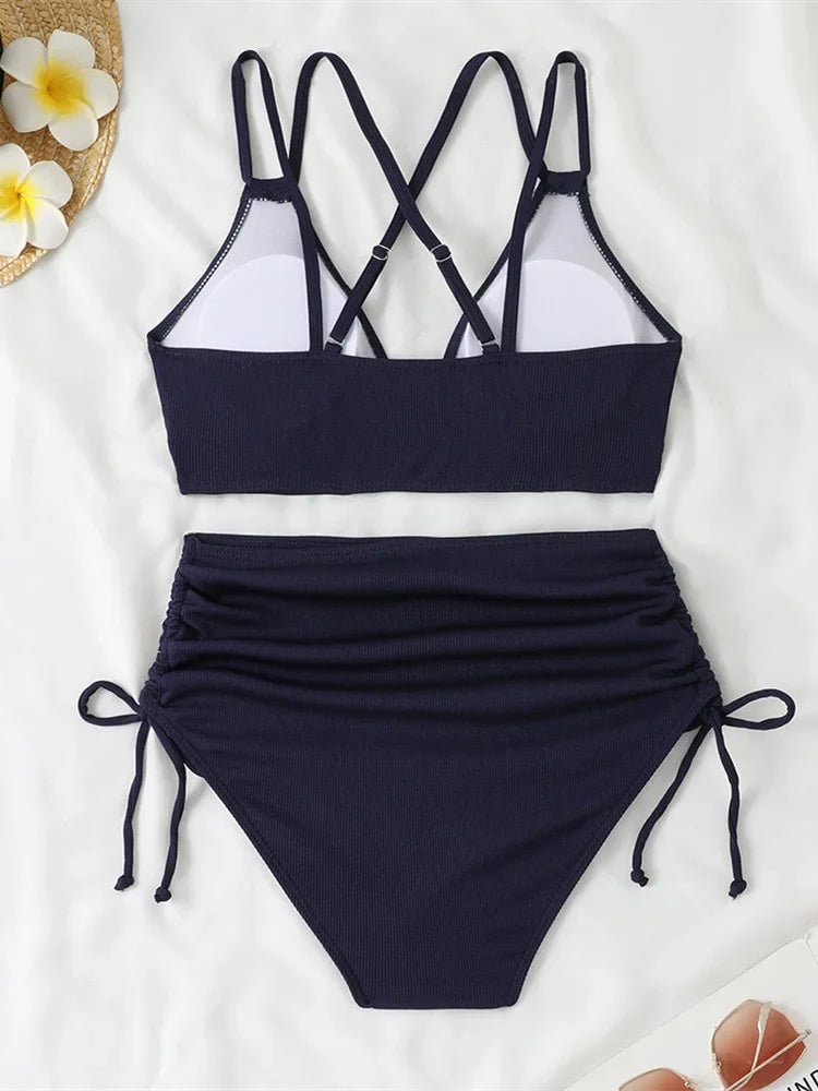 Women's Two Piece Swimsuit Black Double Strap Push Up Pleate Drawstring Side High Waist Bikini 2025 Beach Bathing Suit Swimwear