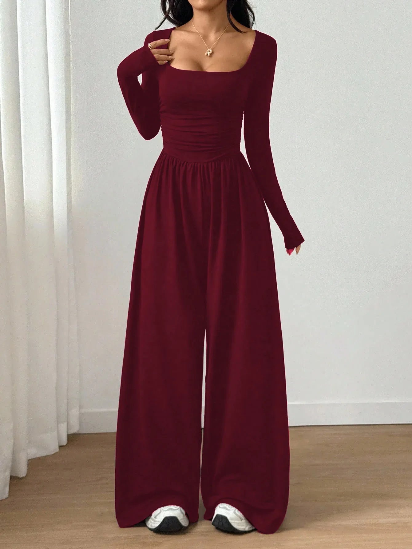 Women's Casual Solid Color Square Neck Long Sleeve A-Line Jumpsuit Pleating Wide Leg Loose Mopping Jumpsuit Spring/Fall 2026