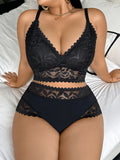 Plus Size Lace Women's Sexy Lingerie Set Soft Wireless Unlined Bra Mesh Spliced Breathable Panties Floral Lace Bra Set