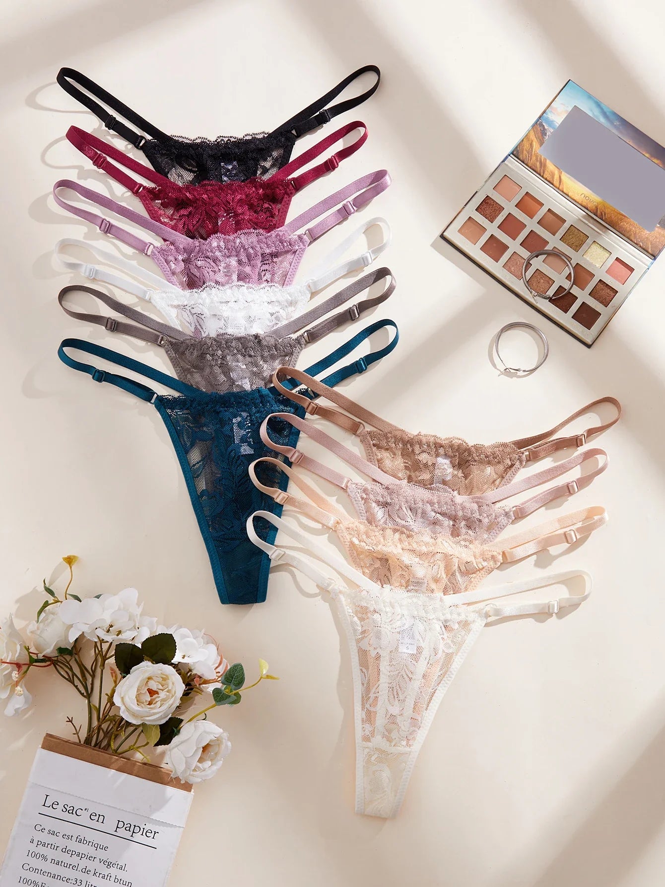 10Pcs/Set Sexy Lace Women Panties Low Waist G‑String Thong Adjustable Waistband Lingerie Underwear