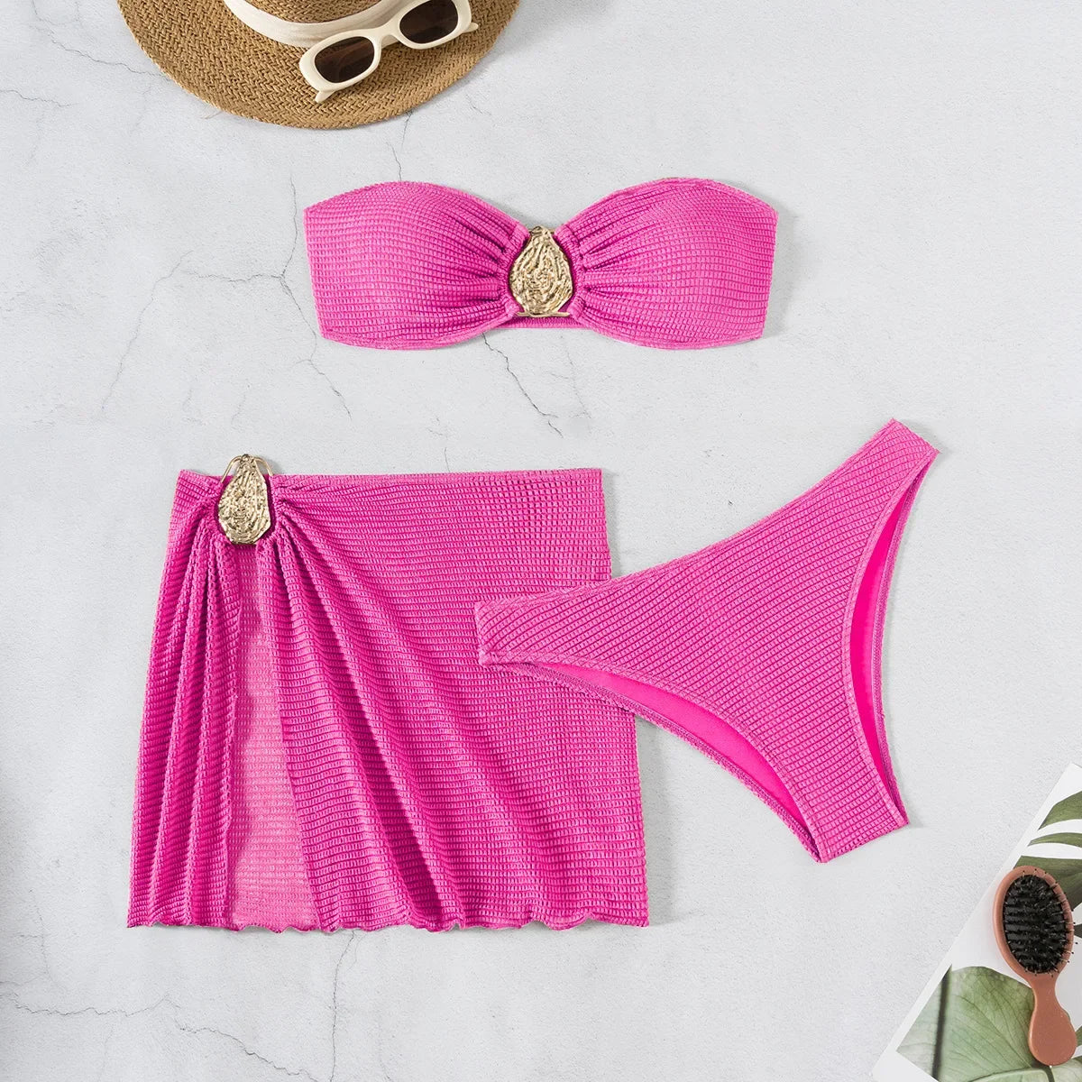2026 New Sexy Bandeau Bikini Women Metal Water Droplet Ornament Push Up Mesh Skirt 3 Piece Swimsuit Beach Bathing Suit Swimwear