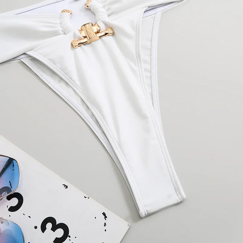 Luxury Metal Designer High Waist Bikinis Sets Women Solid White Black Bandeau Push Up Swimwear 2024 Bathing Suit Thong Swimsuit