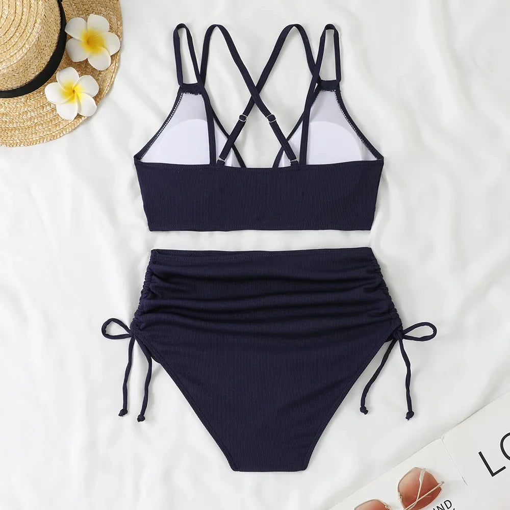 Women's Two Piece Swimsuit Black Double Strap Push Up Pleate Drawstring Side High Waist Bikini 2025 Beach Bathing Suit Swimwear