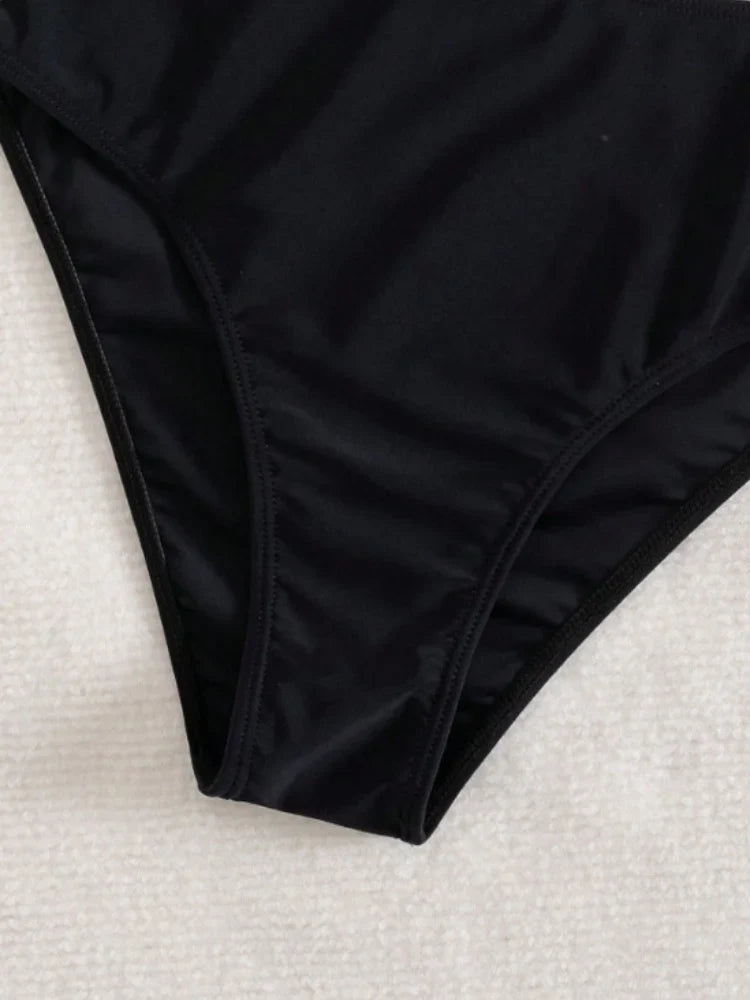 Vintage Black Two Piece Bikini Set 2026 Women Metal Buckle Strap V Neck Pleate Tank Top High Waist Bikini Bathing Suit Swimwear