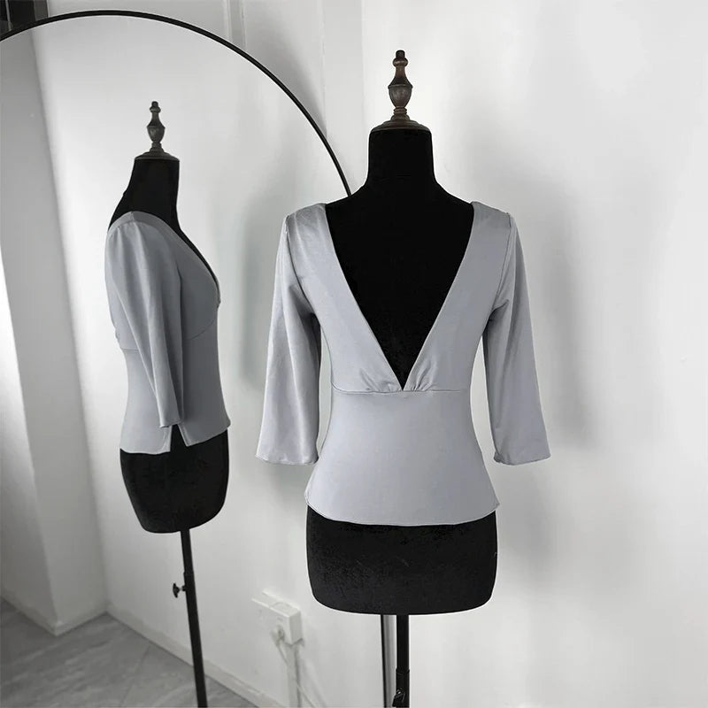 Trendix V Neck Slim Long Sleeve Tops Women 2026 Spring Casual Vintage Bodycon Pullover Top Party Retro Office Basic Backless Top