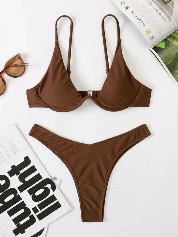 Sexy Underwire Bikini 2026 Mujer Women Solid Red Push Up Bra Thong Swimsuit Haler V Neck Bathing Suit Mini Micro Thong Swimwear
