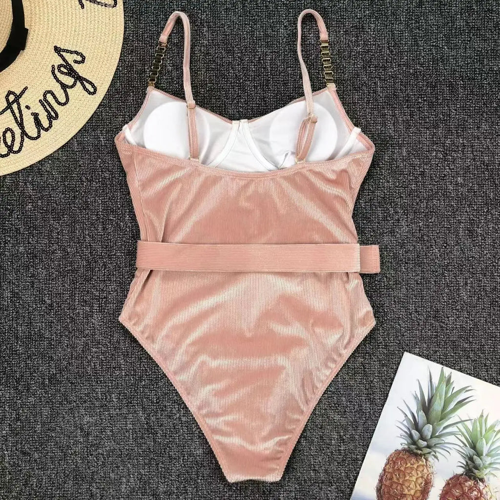 2024 New Sexy Velvet One-Piece Black Bikini Belt Swimsuit Women Solid Push Up Swimwear Female Brazilian Beach Bathing Suit