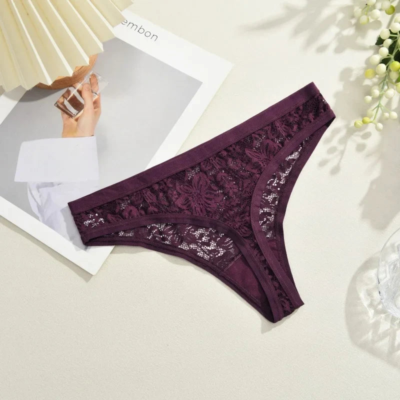3Pcs/Set Women Sexy Lace Panties Lingerie Floral Sexy Low Waist Deep Color Thongs Ladies Underwear Fashion Soft Underpants S-XL