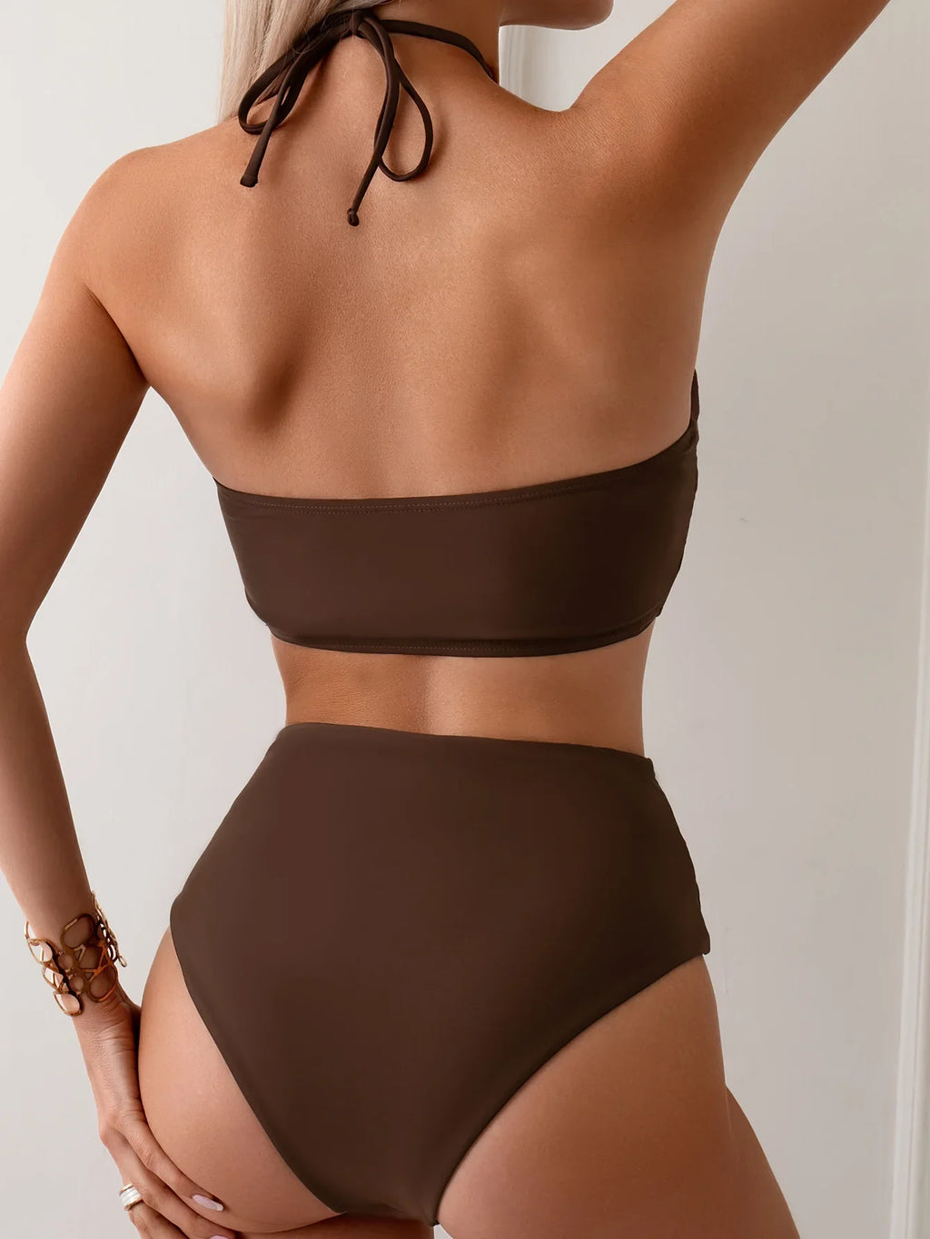 Sexy Halter Pleate Bikini Set 2025 Women Coffee Push Up Crop Top with High Waist Swimsuit Summer Holiday Bathing Suit Swimwear