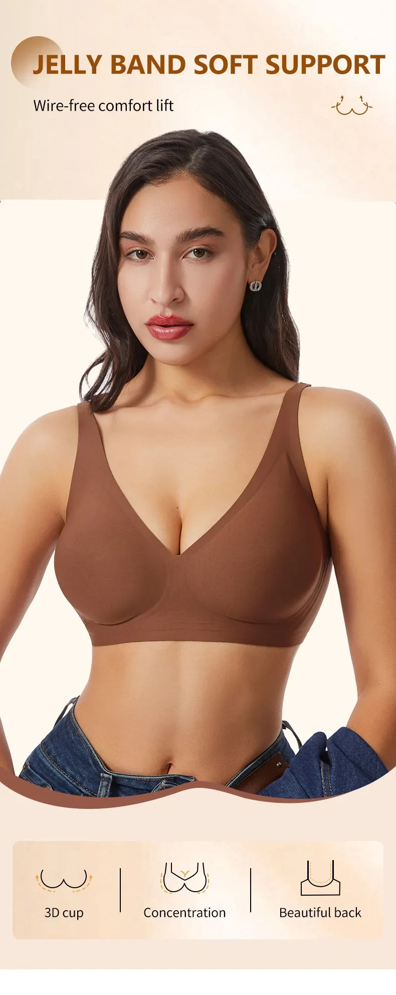 Women's Deep V Jelly Seamless Bra Wire-Free 3D Soft Support Thin Molding Leopard Print Solid Color Comfortable Bra Underwear