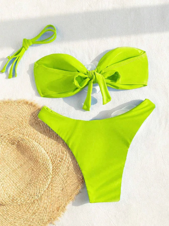 3D Flowers Bandeau Bikini 2024 Women Sexy Green Contrast Push Up Micro Swimsuit Bathers Bathing Suit Thong Swimwear Beachwear