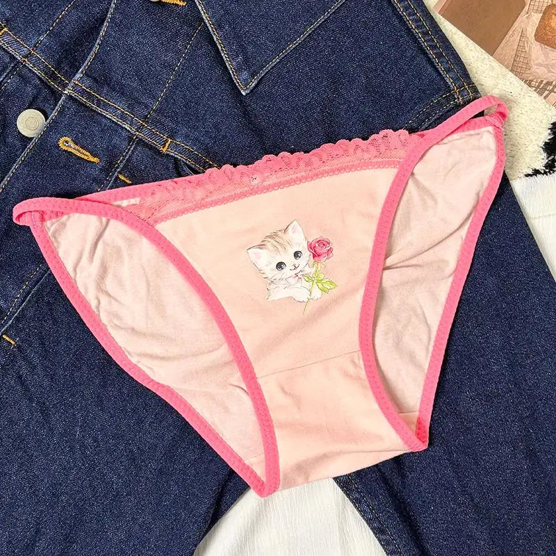 Cotton Girls Panties Cute Cat Sexy Japanese Lace Women Briefs Lady Thong  Underwear G String Female Low Waist Lingerie