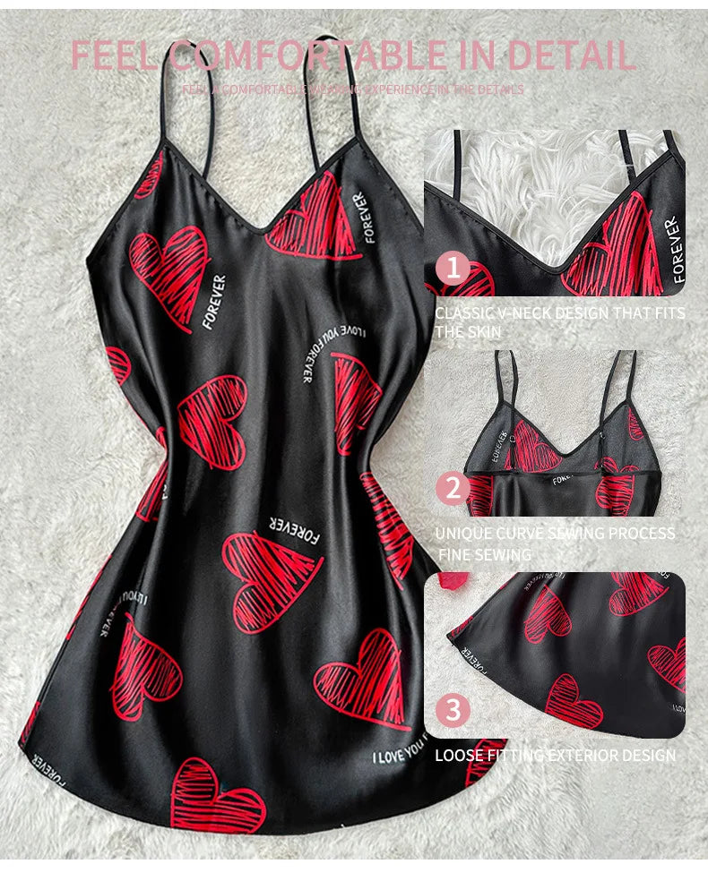 Valentine's Day Red Lip Print Satin Slip Straps Nightdress V Neck Backless Mini Sleep Dress Women's Nighties Sleepwear Dresses