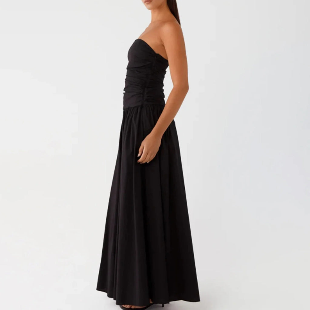 Elegant Strapless Maxi Tube Dress Women Ruched Long Sundress Boat Neck Sleeveless Strapless Flowy Dresses Party Clubwear