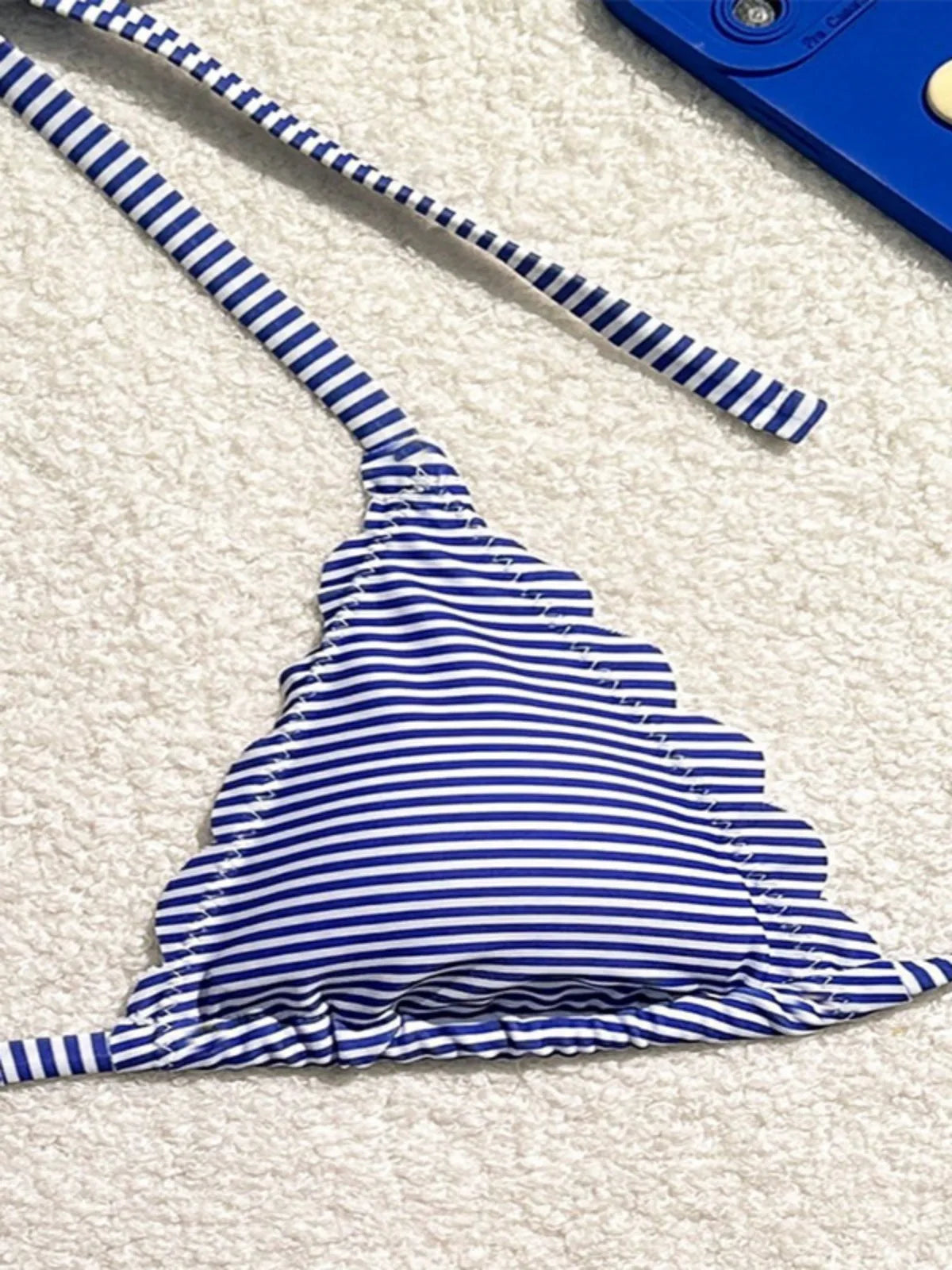 Women's Blue Stripe Print Two Piece Swimsuit Sexy Mini Triangle Cup Bra Halter Backless Bikini Set 2024 Summer Beach Swimwear