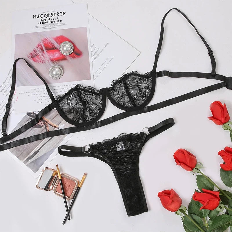 2 Pieces Sexy Lingerie Fancy Lace Erotic Set Transparent Underwear Fairy Embroidery Brief Sets Delicate Bra  Push Up Breves Kit
