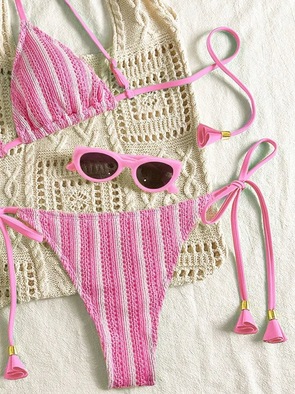 Sexy Orange Striped Bikini Set 2026 Women Halter Push Up Bra Tassel Bandage Thong Swimsuit Summer Holiday Bathing Suit Swimwear