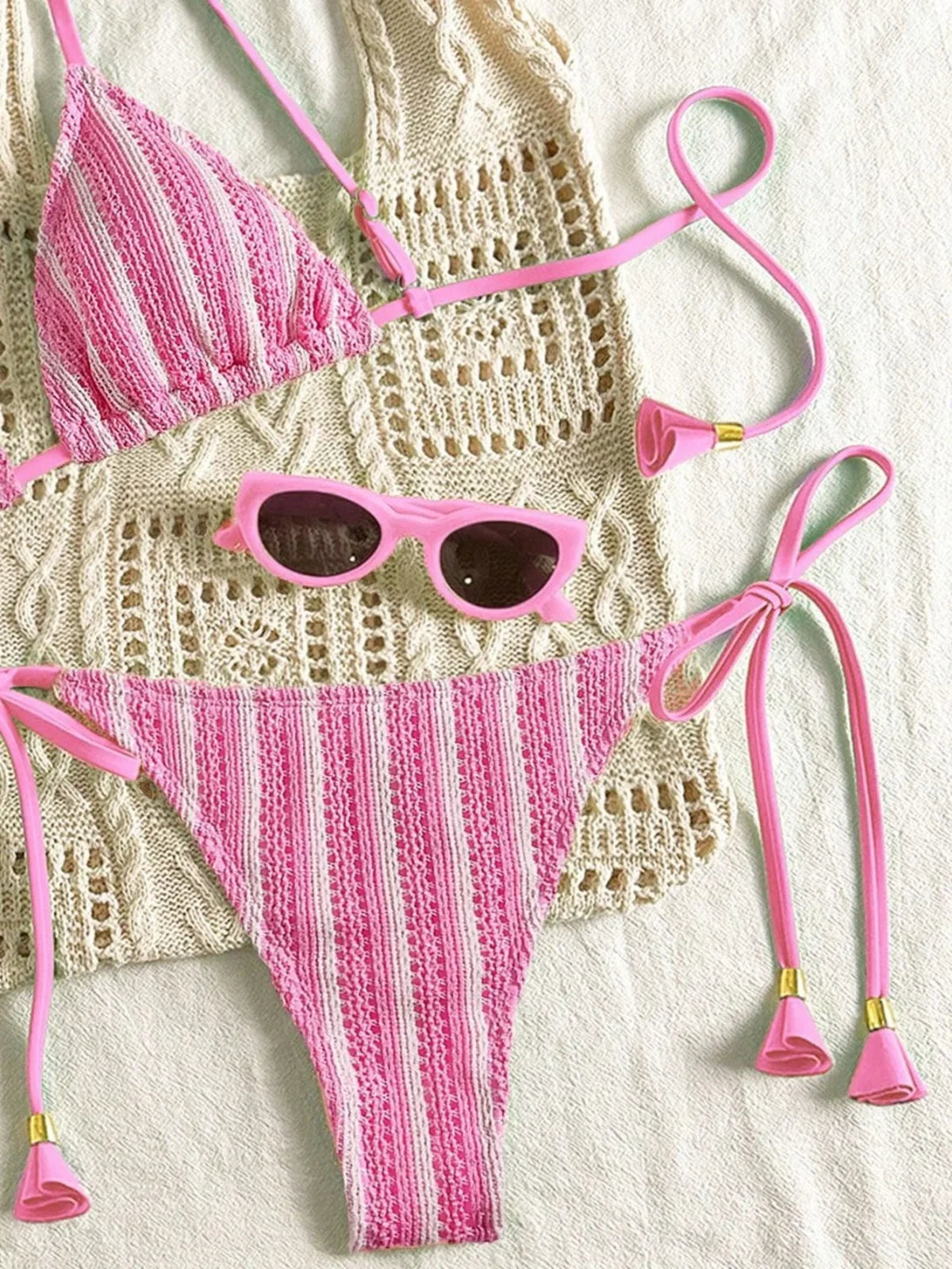 Sexy Orange Striped Bikini Set 2026 Women Halter Push Up Bra Tassel Bandage Thong Swimsuit Summer Holiday Bathing Suit Swimwear