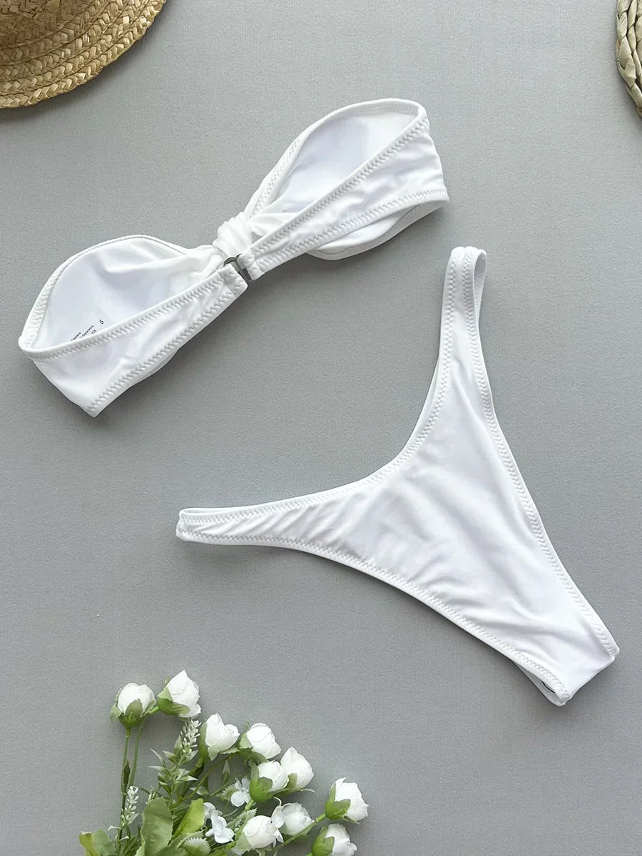 Sexy Front Tie Bow Bikini Set Women Black Bandeau Push Up Bra Micro Swimsuit 2024 Beach Bathing Suit Thong Swimwear Biquini