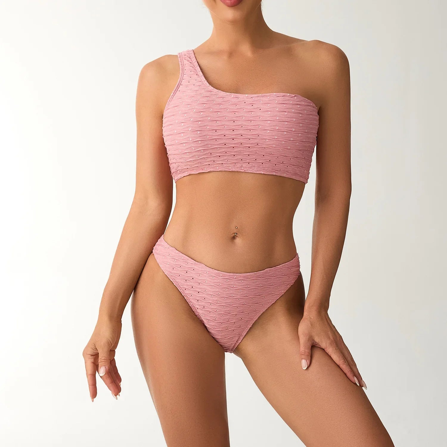 2026 New Style Breathable Quick Dry Solid Color Single Shoulder Bikini Sexy Swimsuit Women's High Elasticity Thickened Backless