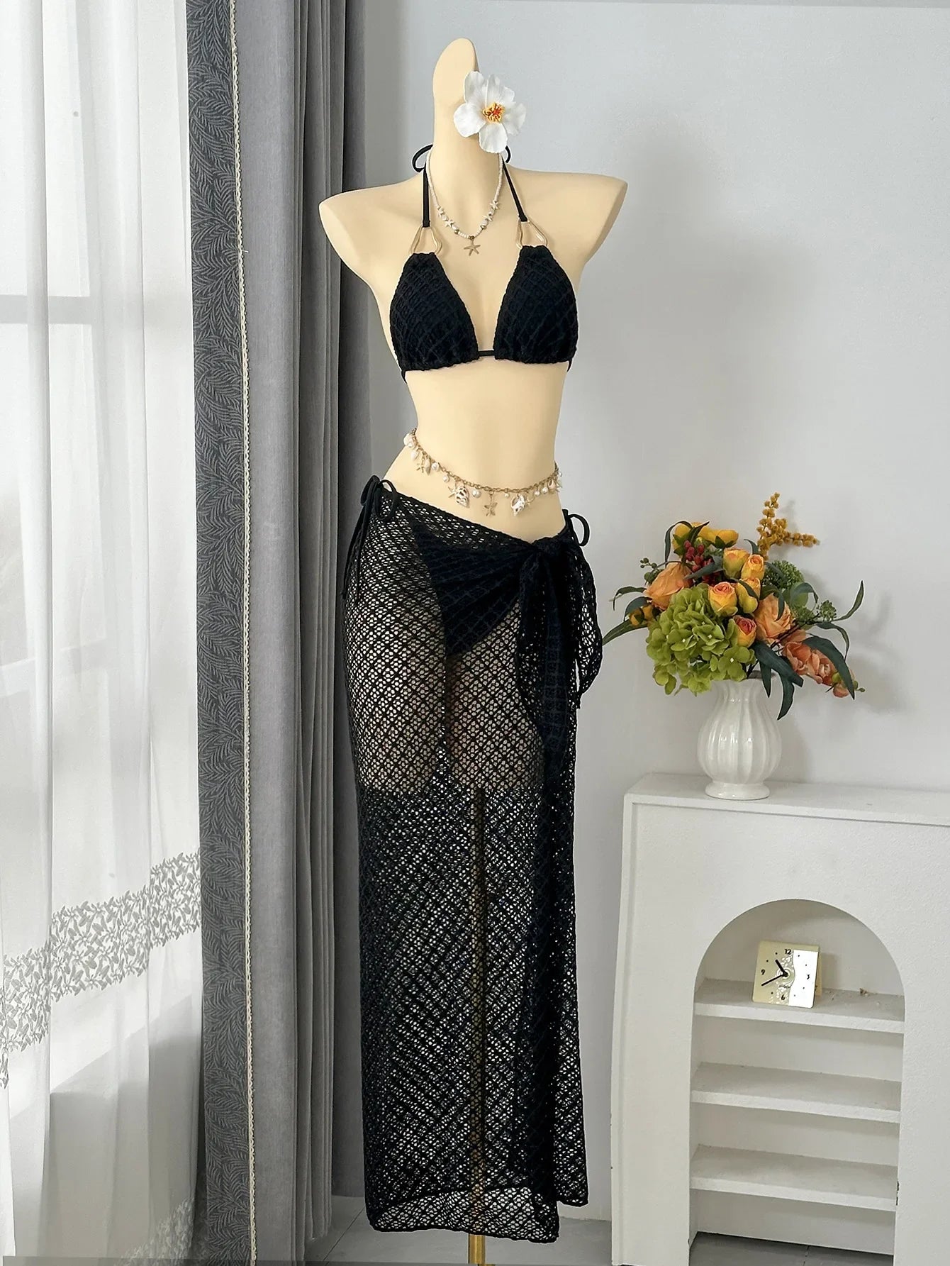 Vintage Beige Black Mesh Skirt 3 Piece Bikini Set 2026 Women Metal Chain Strap Push Up Bra Swimsuit Beach Bathing Suit Swimwear