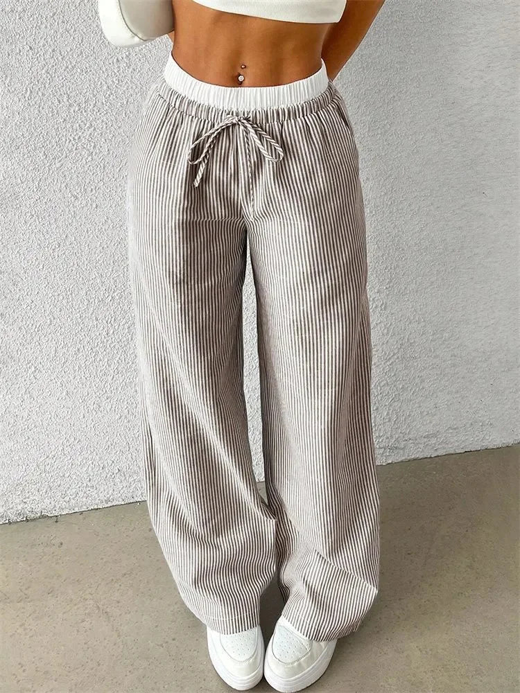 Women's Casual Striped Woven Wide Leg Pants Fall Winter 2024 Casual Stylish Full Length Trousers Y2K Clothes Streetwear