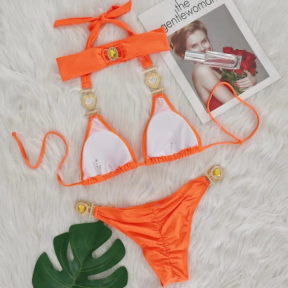 Sexy Rhinestones Bikini Set 2025 Women Red Pink Glitter Diamond Metal Chain Thong Swimwear Bathing Suit Band 3 Piece Swimsuit