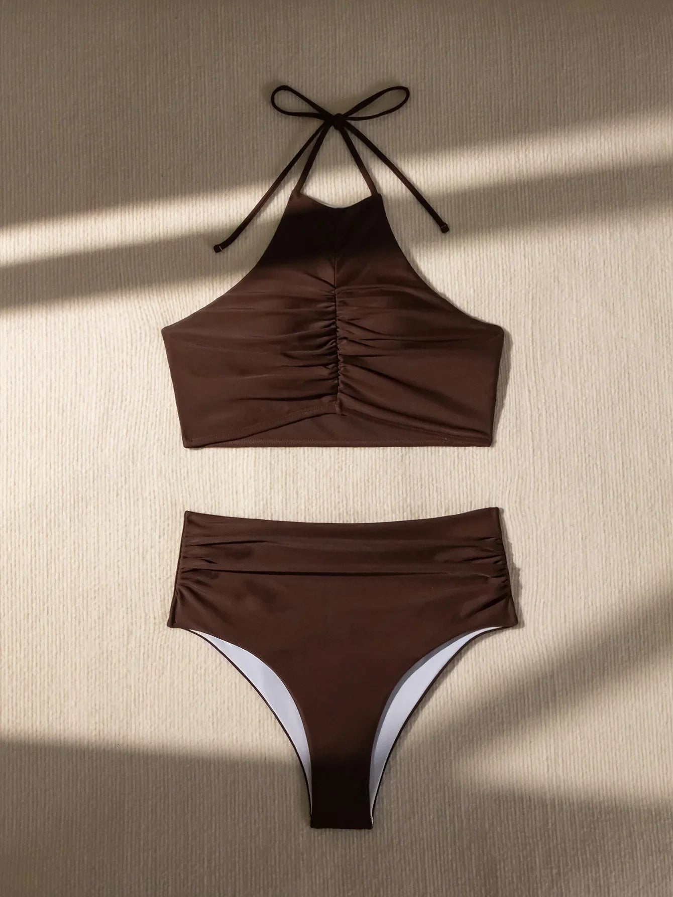 Sexy Halter Pleate Bikini Set 2025 Women Coffee Push Up Crop Top with High Waist Swimsuit Summer Holiday Bathing Suit Swimwear