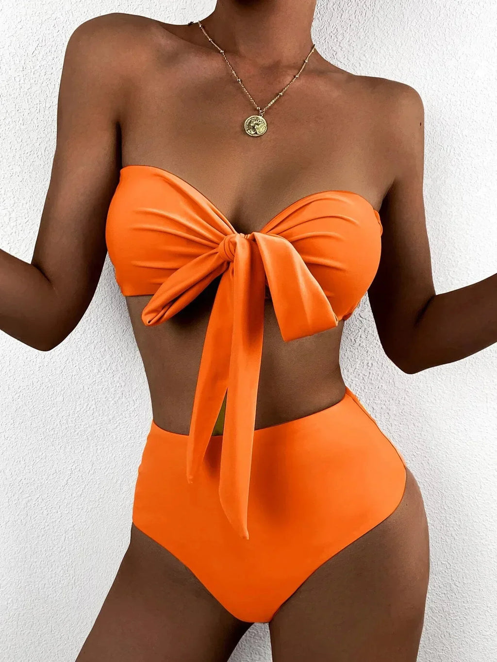 Sexy Front Bow Bikinis Sets Women Orange Blue Bandeau Push Up Two Piece Swimsuit 2025 Cut Out Bathing Suit High Waist Swimwear