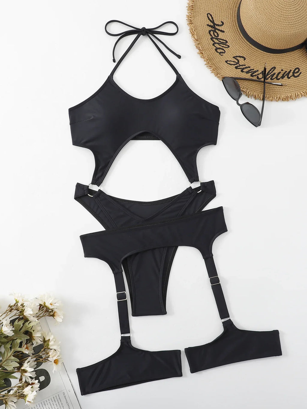 Sexy Black One Piece Swimsuit Women 2025 Hollow Out Push Up Suspenders Panties Thong Swimwear Beach Bathing Suit Swimming Bikini