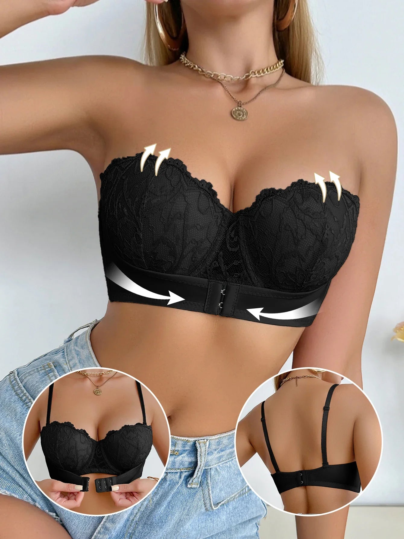 Women's Floral Lace Bra Front Closure Push up Bra Convertible Straps Underwire Support Women's Underwear Top