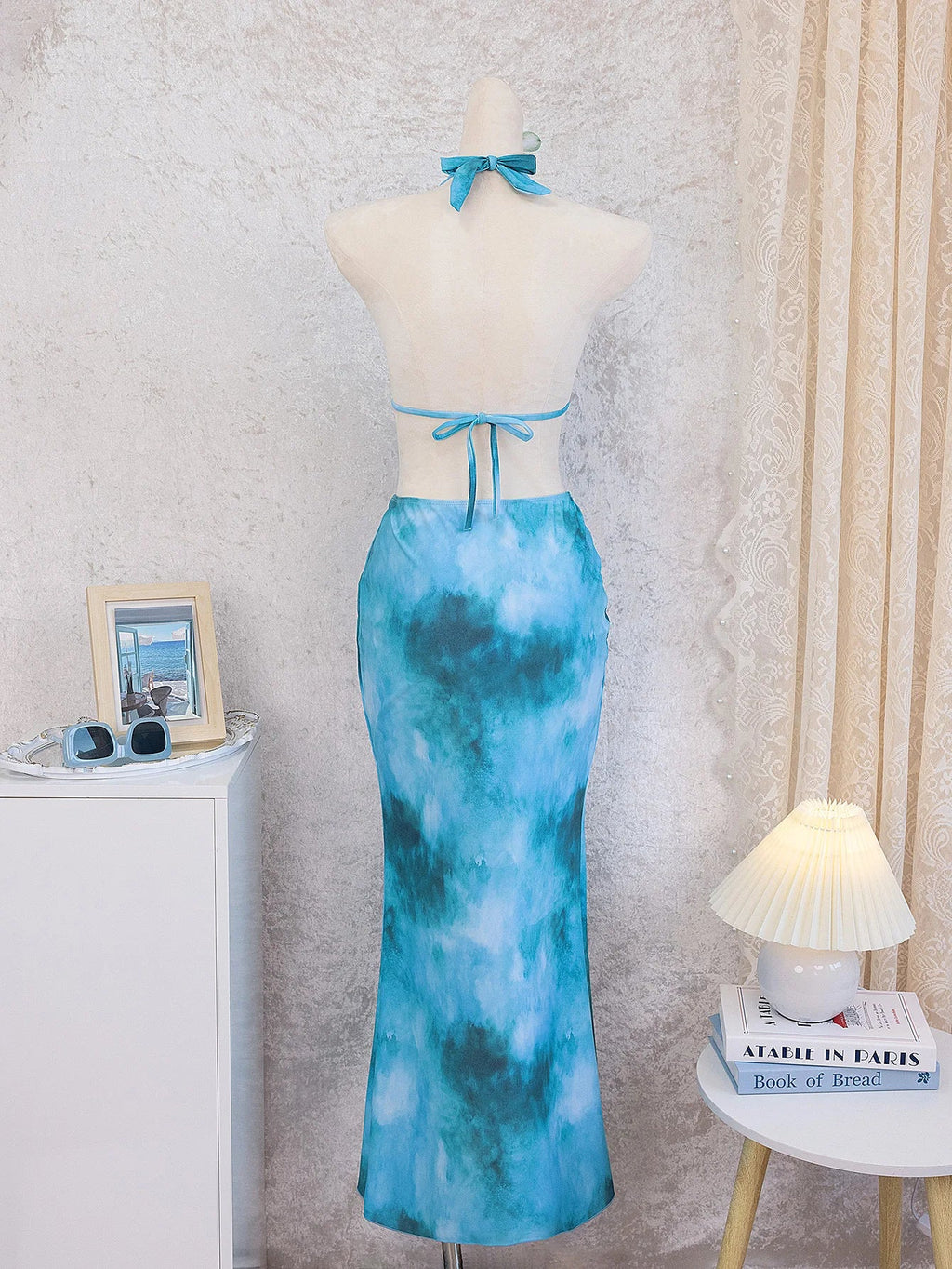 Sexy Blue Tie Dye Gradient Bikini Set Women Metal Circle Ornament Push Up Long Skirt Swimsuit Beach Bathing Suit Swimwear 2026