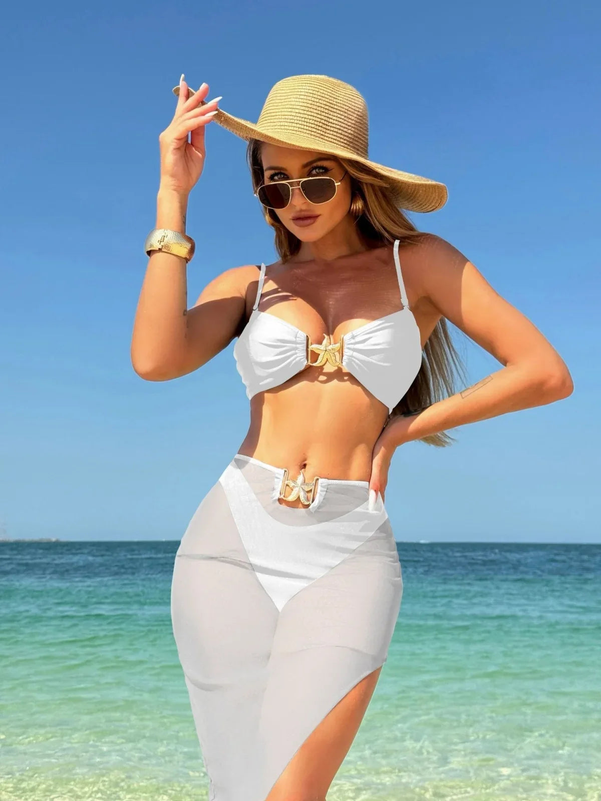 Sexy White Black Skirt 3 Piece Bikini Set 2025 Women Starfish Ornament Push Up High Waist Swimsuit Beach Bathing Suit Swimwear