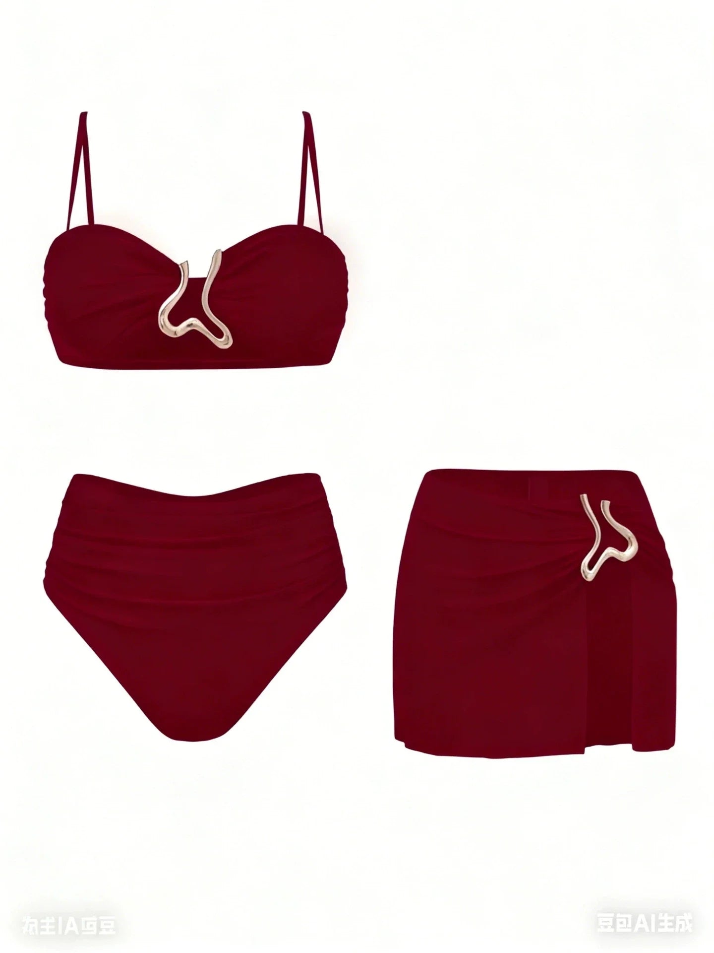 Sexy Detachable Shoulder Bikini Set Women Brown Metal Push Up High Waist Swimsuit 2026 Beach Bathing Suit Skirt 3 Piece Swimwear