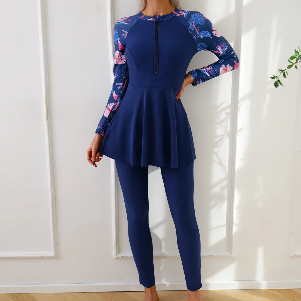 Muslim Swimwear Burkini Sets for Women Black Floral Print Zipper Long Sleeve Top Long Panties Sports Swimsuit Bathing Suit