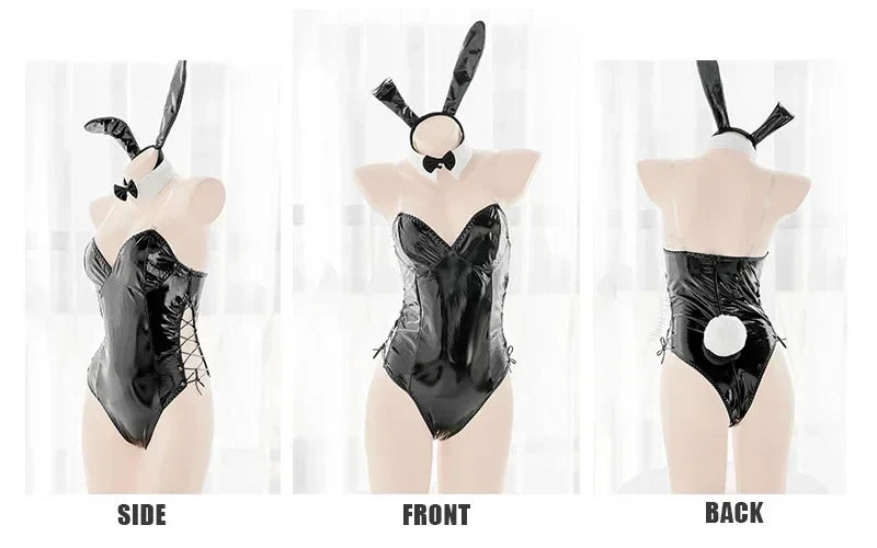Mai Sakurajima Bunny Girl Cosplay Costume Women Sexy Lingerie PU Leather Bodysuit with Tie and Headband Set Anime Outfit