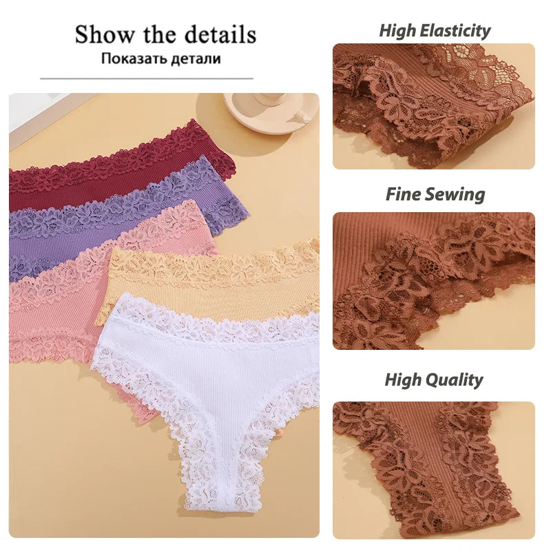 5Pcs Women Cotton Brazilian Pants Sexy Lace Brazilian Briefs Low Waist Floral Solid Color G-string Breathable Soft Lingerie