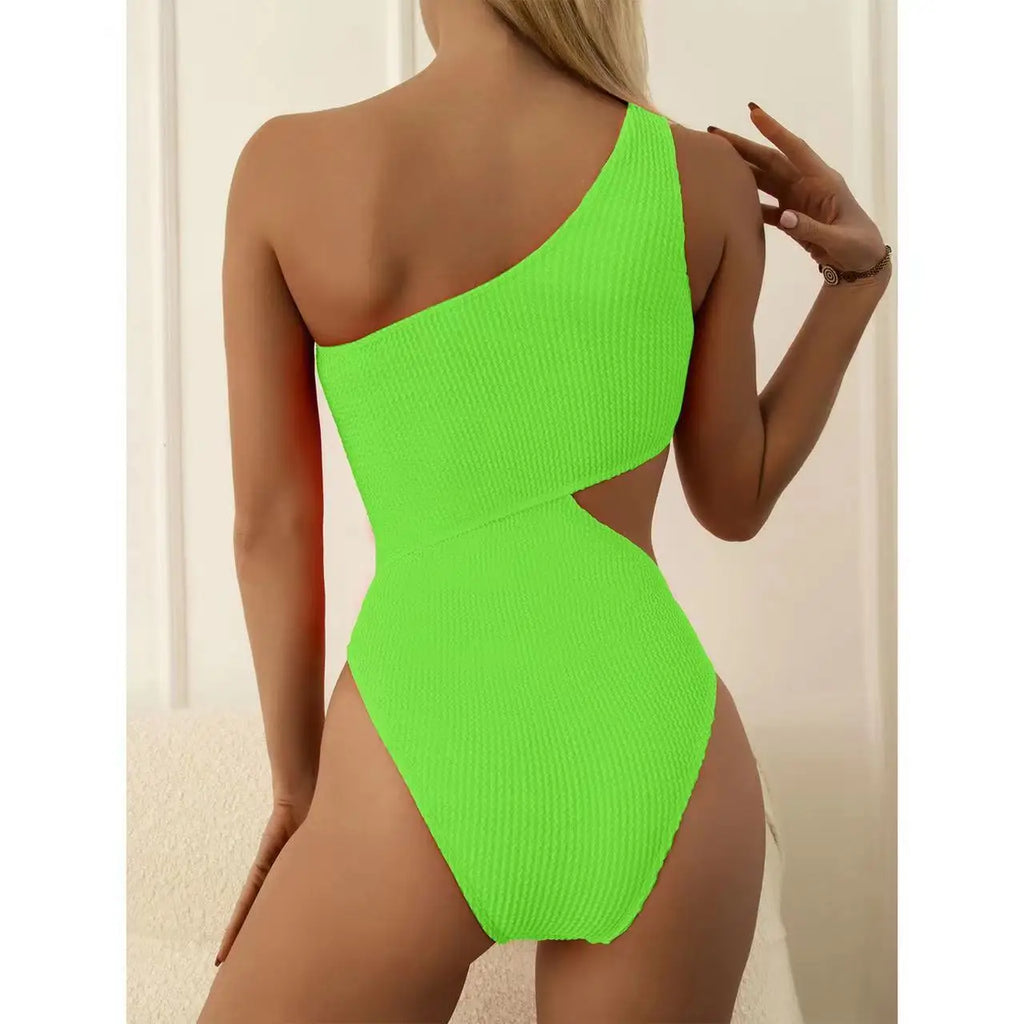 2024 New One Shoulder Women's Swimsuit One Piece Cut Out Sexy Swimwear Women Textured Monokini Solid Bathing Suit Beach Wear