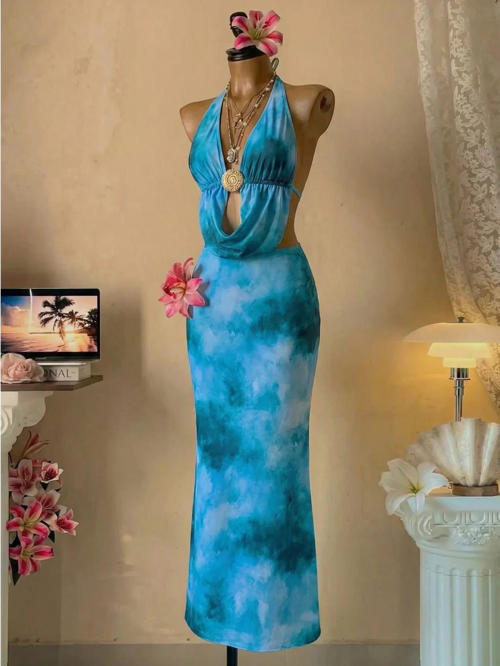 Sexy Blue Tie Dye Gradient Bikini Set Women Metal Circle Ornament Push Up Long Skirt Swimsuit Beach Bathing Suit Swimwear 2026