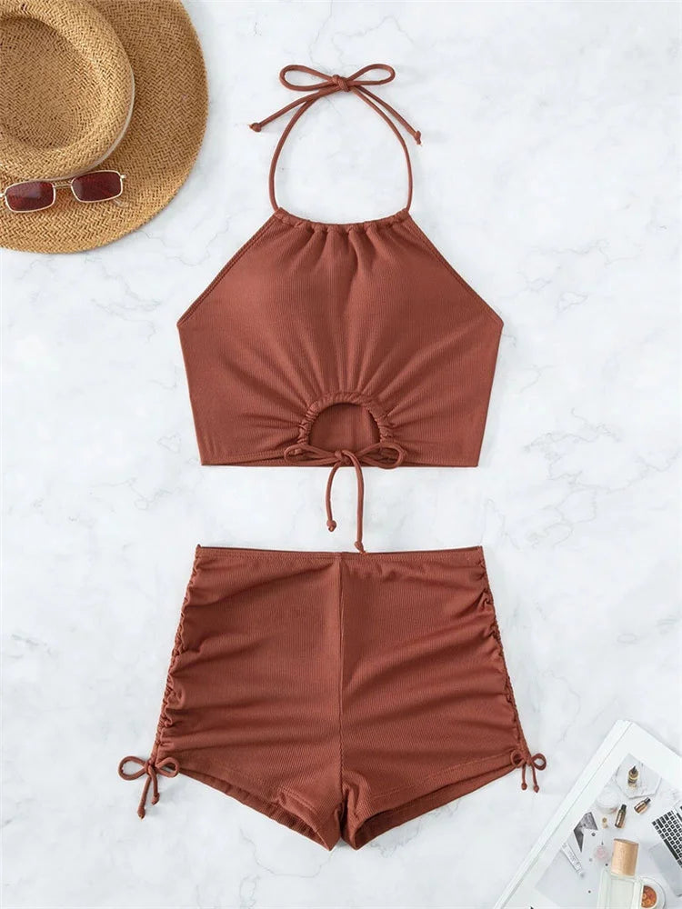 Sexy Ring Linked Pleate Bikini Set Women Brown Cut Out Push Up Two Piece Swimsuit 2024 Bathing Suit High Waist Panties Swimwear