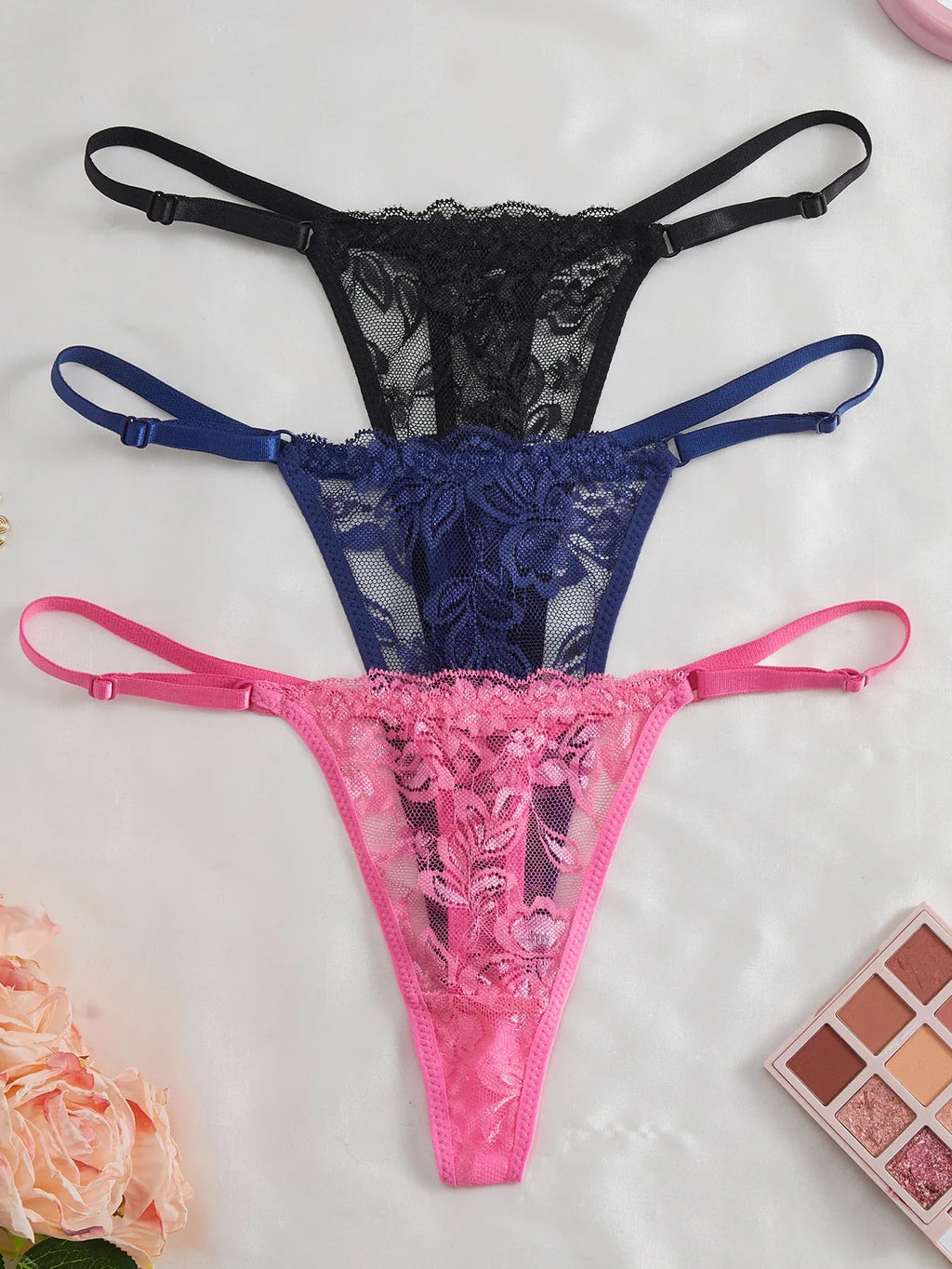 3-Pack Women's Sexy Lace Panties Underwear, Adjustable Strap Floral Lace Sheer Mesh Sexy Thong