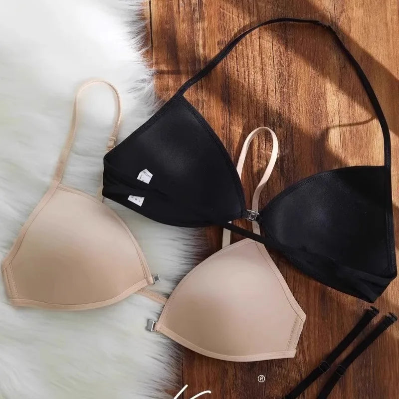 Sexy French Triangle Bra No Underwire Push-Up Front Button Beauty Back Women's Exquisite Lingerie Thin Bikini Seamless Bra