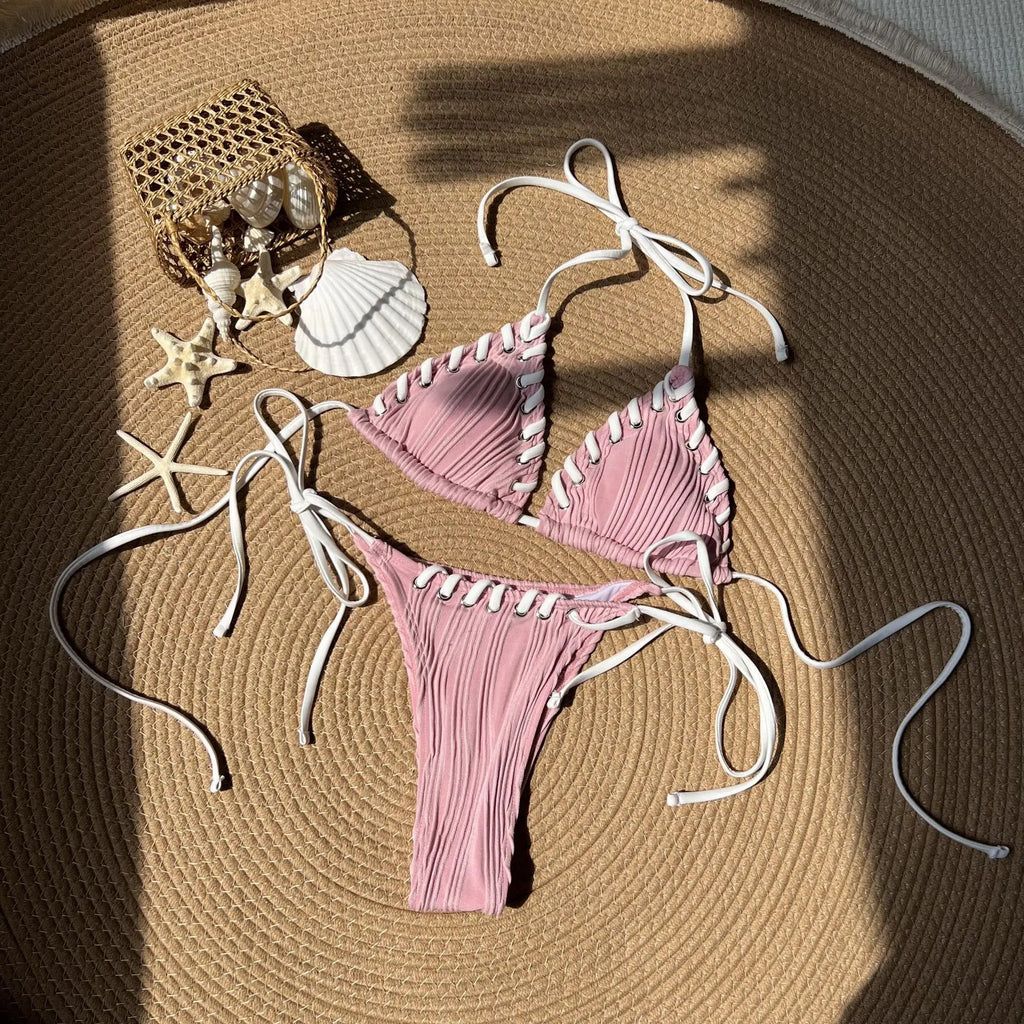 Sexy Micro Bikini 2025 Women Beige Brown Pink Weave Bandage Cross Crochet Swimsuit Brazilian Beach Bathing Suit Thong Swimwear