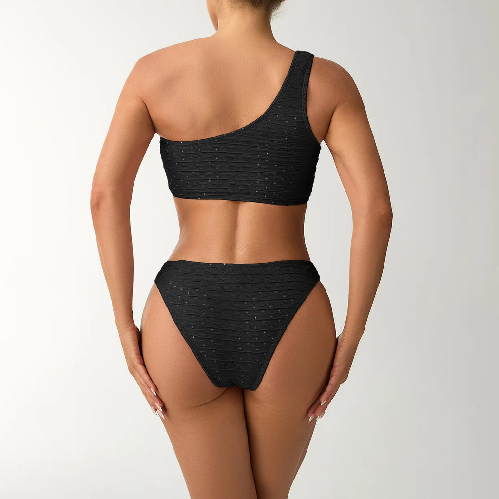 2026 New Style Breathable Quick Dry Solid Color Single Shoulder Bikini Sexy Swimsuit Women's High Elasticity Thickened Backless