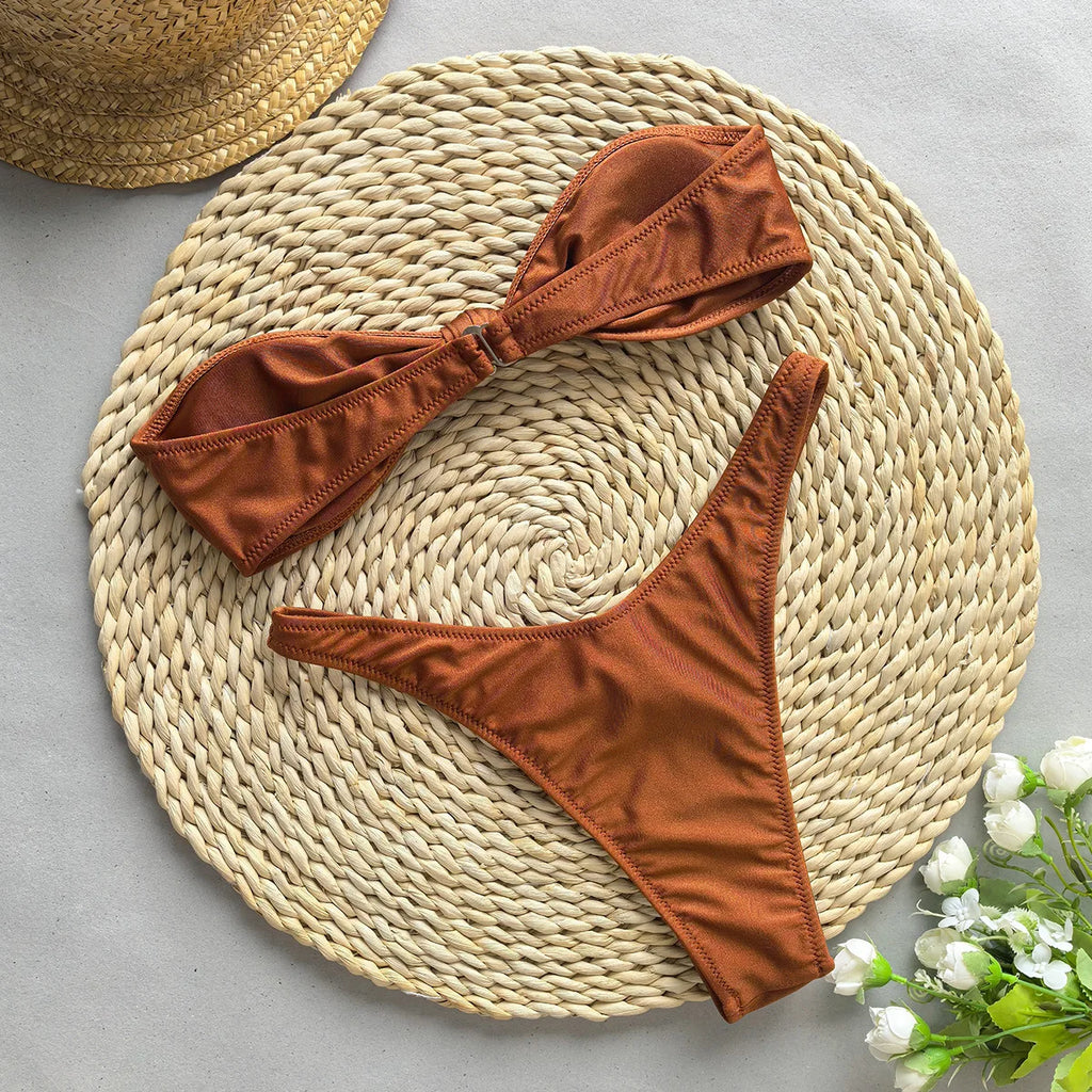 Sexy Front Tie Bow Bikini Set Women Black Bandeau Push Up Bra Micro Swimsuit 2024 Beach Bathing Suit Thong Swimwear Biquini
