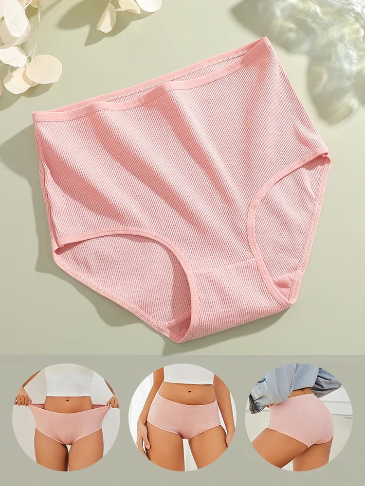 3Pcs women cotton High Waist underwear breathable Striped Panties Female Plus Size Solid Color Briefs comfortable Lingerie S-XXL